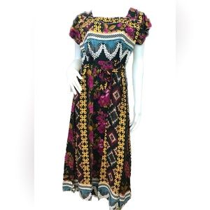 Square neck, short sleeves, colorful Indonesian midi dresses with waist-tie.